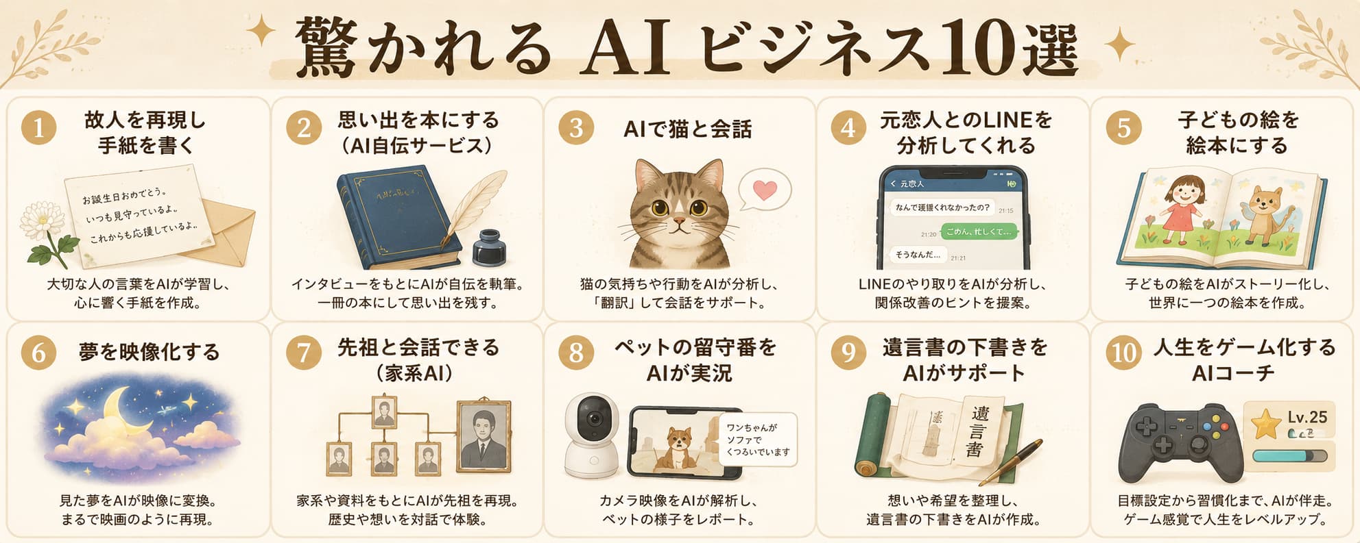 「故人手紙」「自伝化」「ペット会話」「LINE反省会」「落書き絵本化」「夢映像化」「先祖再現」「猫留守番実況」「遺言書下書き」「人生ゲーム化」の10カテゴリをアイコン付きで並べたグリッド図
